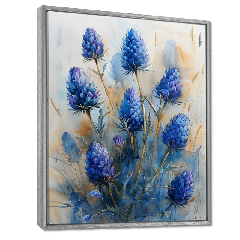 Décoration murale matin chardon bleu d'été II - chardon, H 20 po x l 12 po x P 1 po, Toile argentée avec cadre flottant