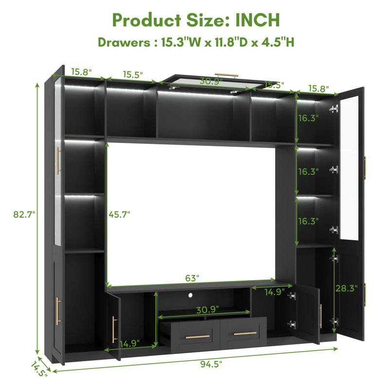 4-piece Wall Unit Tv Stand With Led Lights For Tvs Up To 70", Large Entertainment Center  With Bookshelves, Black