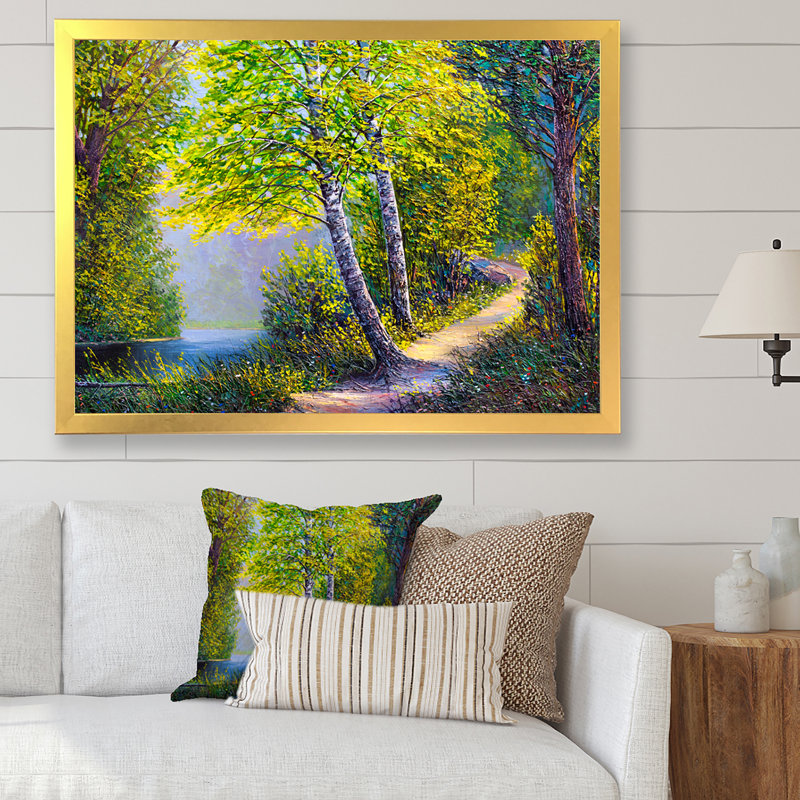 Rivière au printemps, paysage V - œuvre d'art traditionnelle sur toile, H 34 po x l 44 po x P 1 po, Cadre photo doré