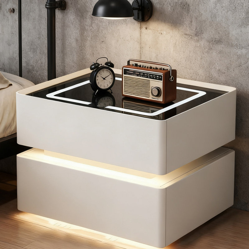 Table de chevet intelligente à 2 tiroirs avec éclairage DEL et recharge sans fil, Blanc