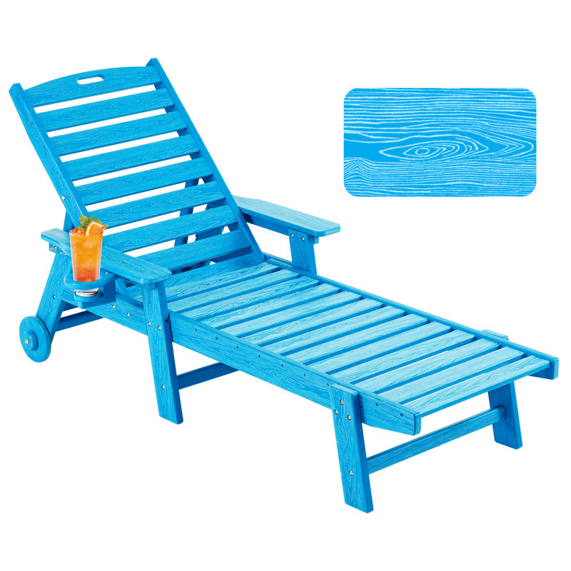 Chaise Lounge Chair Outdoor with Wheels, Oversize Patio Lounge Chairs with Wood Texture, 6-Position Plastic Lounge Chairs for Poolside, Patio, Deck, Beach