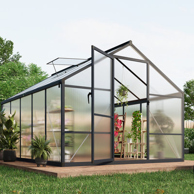 Serre à accès intensif en polycarbonate pour l'extérieur avec cadre en aluminium, évent de toit, porte battante verrouillable et poignée améliorée pour le jardin ou la cour, 8 x 10 pi (porte à poussoir gris foncé, poignée améliorée)