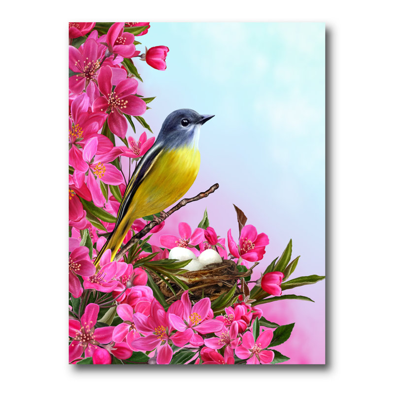 Petit oiseau jaune près du nid avec fleurs - Impression sur toile, H 40 po x l 30 po x P 1 po, Toile tendue