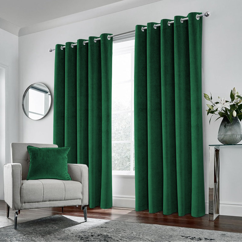 Pittsboro Crushed Velvet Eyelet Windows Panel Curtains, Single Panel 168cm Width x 213cm Drop, Green Amerald