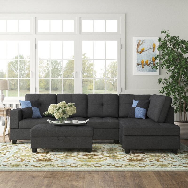 Palmer Square Upholstered Sectional, Right Hand Facing, Black Gray