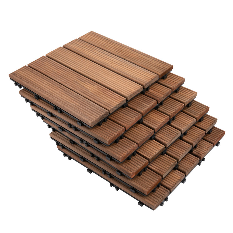 Anasofia 27 Pcs Solid Wood Interlocking Decking Tiles, Brown