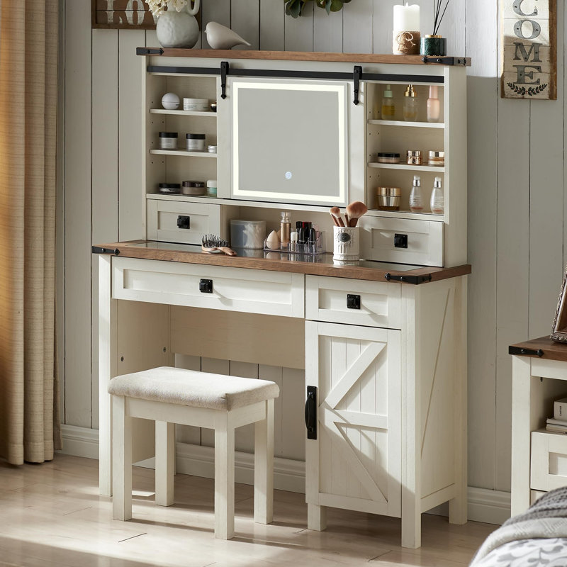 42'' Wide Farmhouse Vanity With Lighted Mirror & 7 Drawers