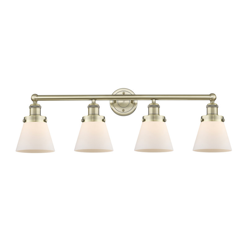 Éclairage pour meuble-lavabo de salle de bain 4 lumières Edison Cone, Blanc mat, Laiton antique