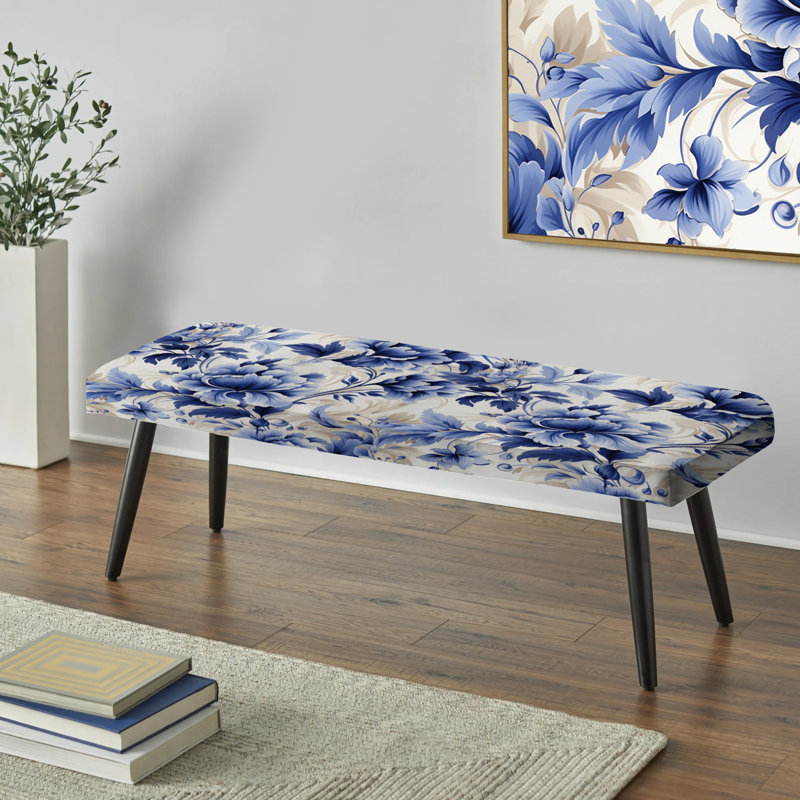 Banc victorien bleu et blanc damassé IV - Banc rembourré damassé noir, Cobalt Blue Acanthus Scrolls Victorian Pattern