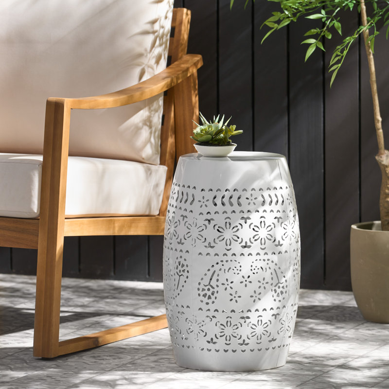  Modern Lace Cut Metal Side Table, Barrel Shape Outdoor Accent Table for Patio and Garden, White, White