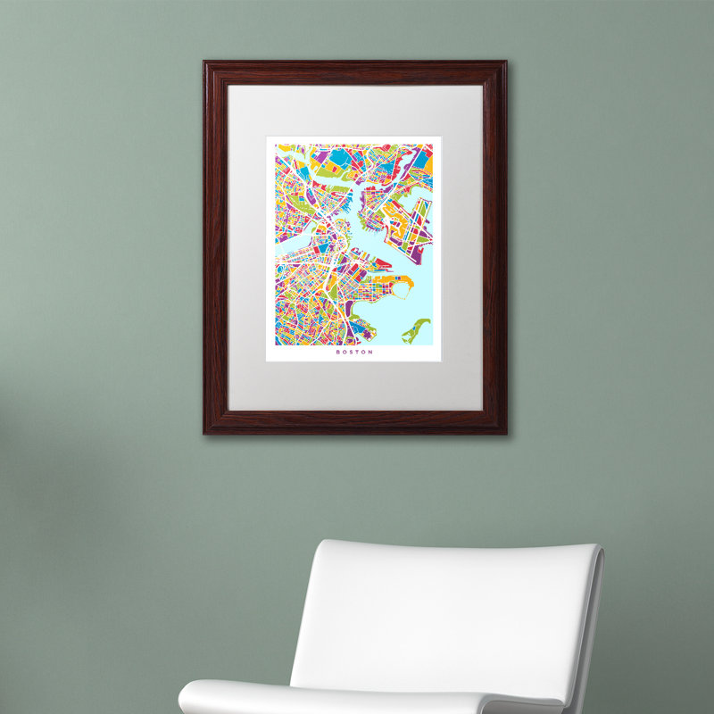 « boston ma street map 3 », impression encadrée, H 20 po x l 16 po x P 0,5 po, Blanc, Toile avec cadre brun