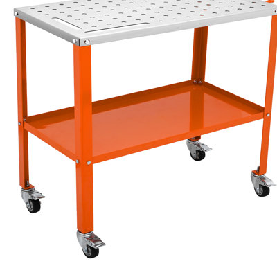 36" X 18" Welding Workbench, 1200lbs Weight Capacity, Orange+silver Carbon Steel, Lockable , 4 Tool Slots And 5/8-inch Fixture Holes For Metal Tasks Portable Table, Surface, Braking Professional