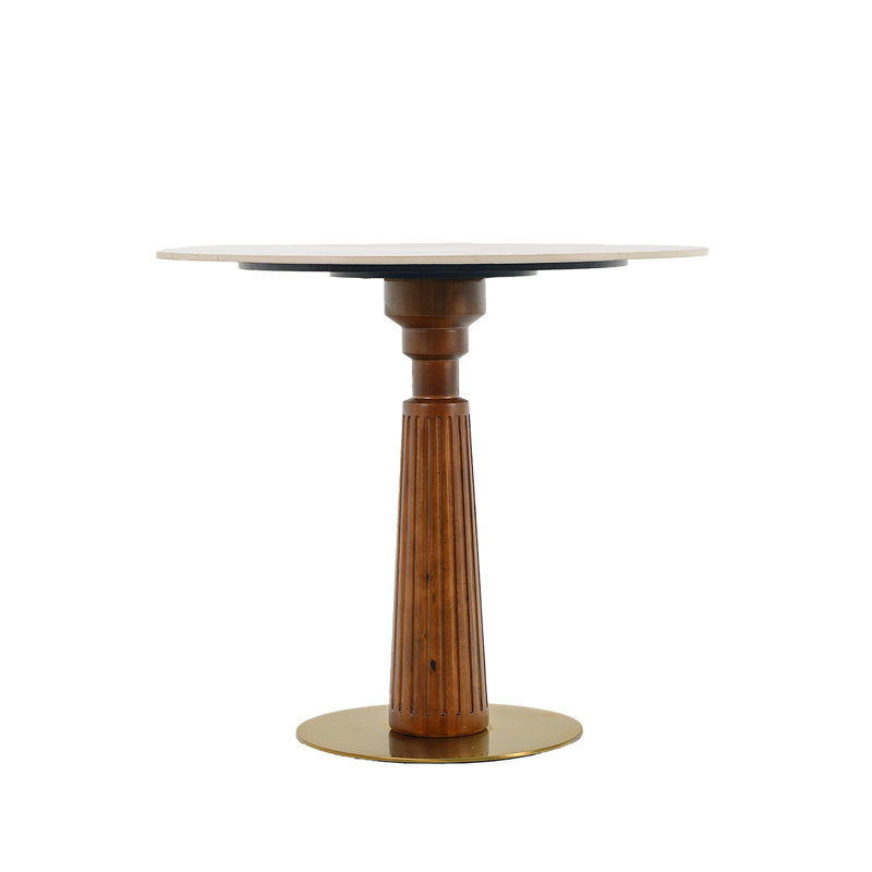 Table de salle à manger ronde moderne, table en pierre frittée avec pieds et base en bois, table de cuisine pour 2 personnes