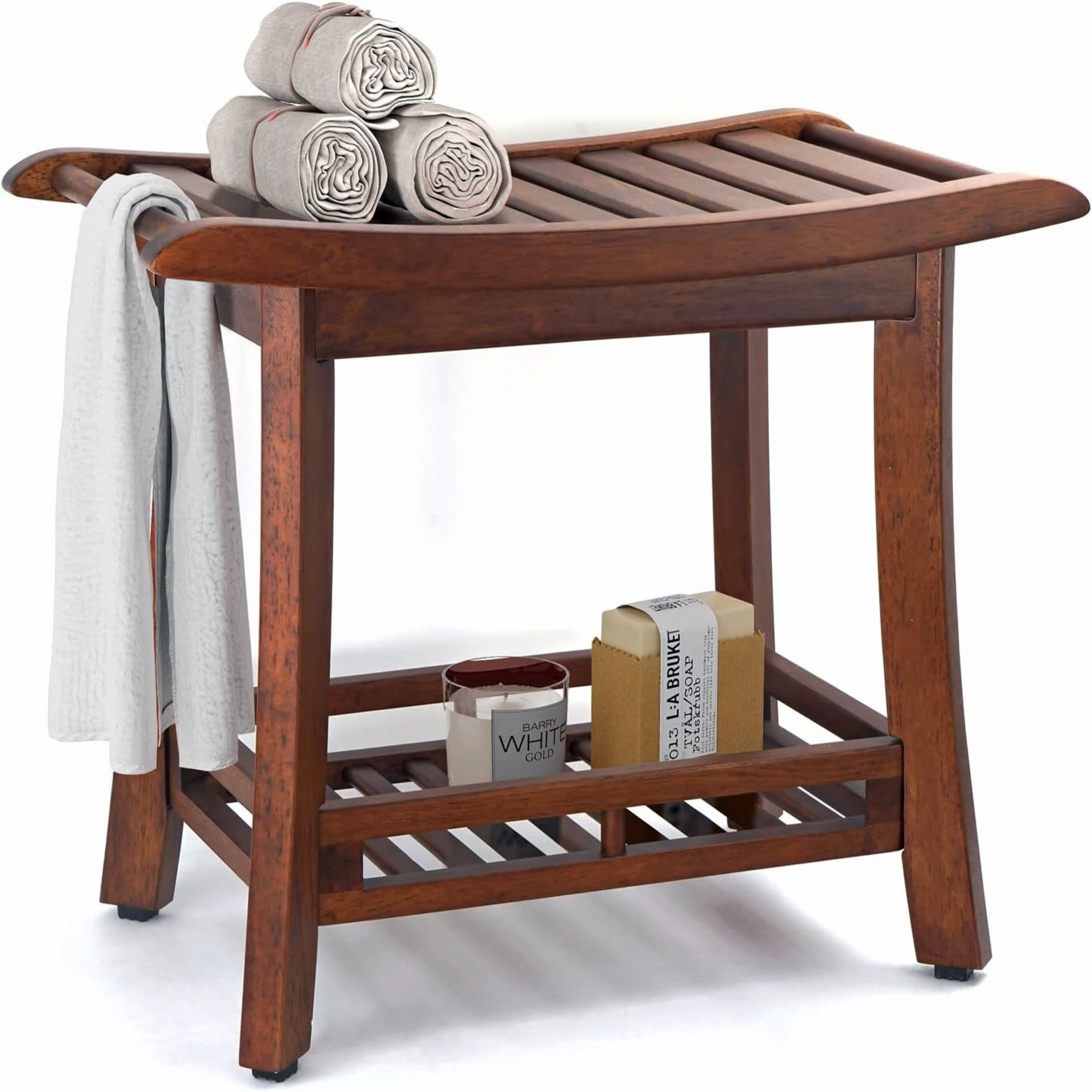 Red Barrel Studio Teak Shower Bench With Shelf,Teak Wood Shower Stool