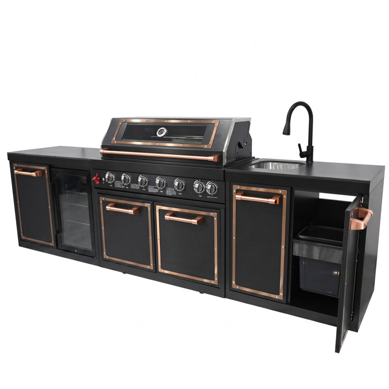 Îlot de cuisine extérieure modulaire Rylan avec barbecue au gaz, évier et réfrigérateur à boissons, brûleurs en acier inoxydable, station de barbecue pour jardin