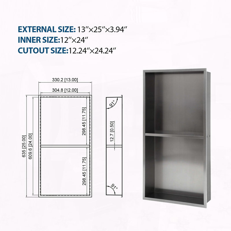13x25 Inch Stainless Steel Shower Niche Double Shelf (Gunmetal Black), Gunmetal Black, 13" H x 25" W x 3.94" D