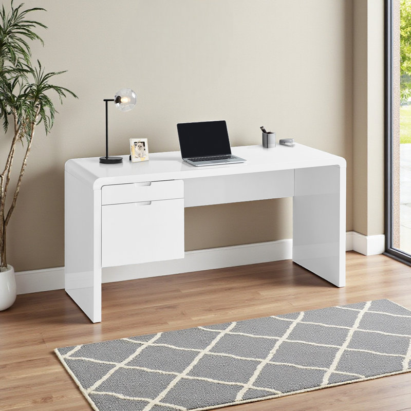 Bureau d'ordinateur Edeline blanc brillant avec tiroirs de rangement, H 29,87 po x l 59,78 po x P 23,48 po
