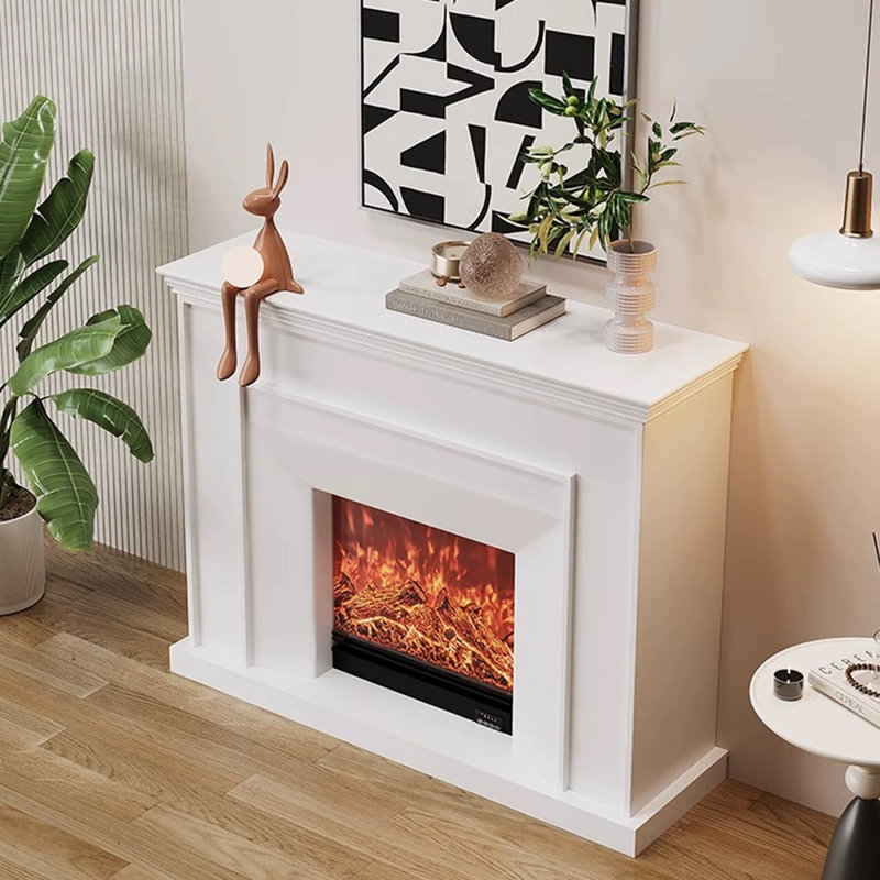 Foyer électrique en bois massif beige, H 35,43 po x l 47,24 po x P 12,6 po