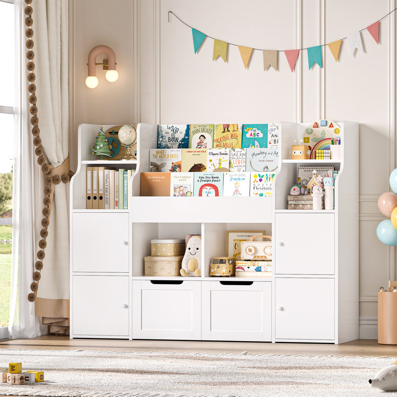 Kirklyn 48"W Modern 6-Cube Standard Bookcase, Wood Storage Bookcase With 4 Doors & 2 Removable Drawers, White, White