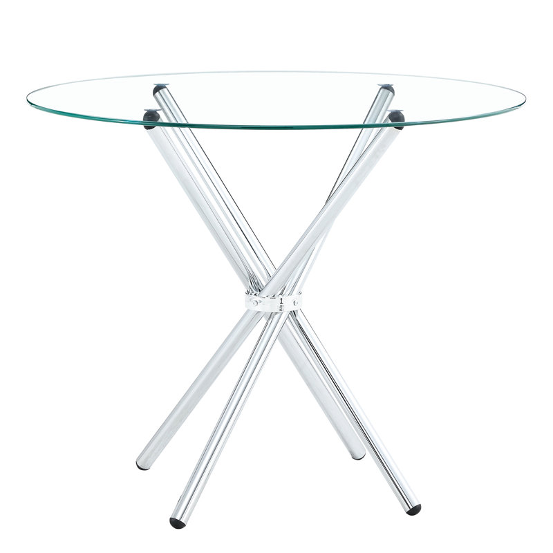 Round Clear Glass Dining Table With A Unique Shape For 4-6 People, With Ring-Shaped Gathered Silver Metal Legs, Suitable For Desks, Kitchens, Terraces, Dining Rooms.
