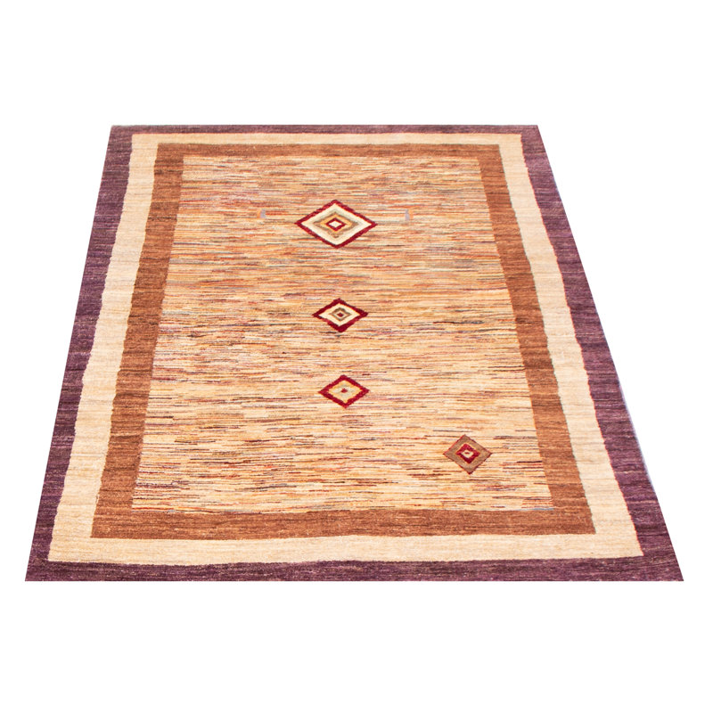 Tapis oriental ivoire / orange en laine noué à la main 4 pi 6 po x 7 pi Oriental