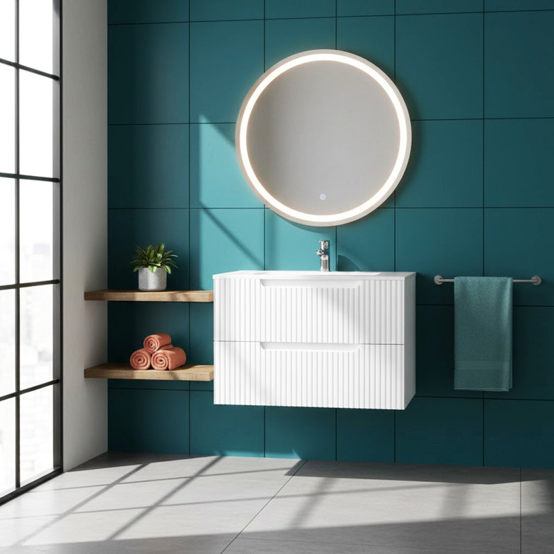 Lavabo de salle de bain flottant blanc 30 po, fixation murale, dispositif de fermeture en douceur, rangement spacieux, aspect moderne