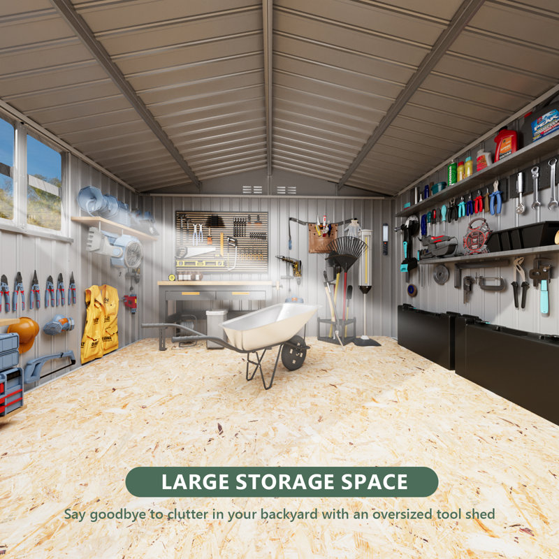 8X6ft Lockable Black Metal Shed With Built-In Window And Portable Tool Light - Spacious & Well-Lit Storage Solution
