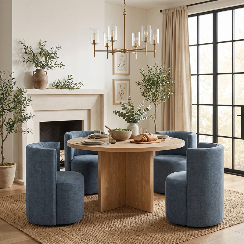 Ensemble de salle à manger rond 5 pièces en placage de bois avec chaises rembourrées et roulettes dissimulées, Bleu