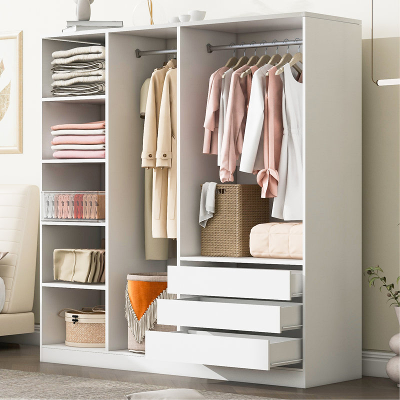 Armoire de rangement en bois sans porte pour chambre à coucher avec tablettes et 3 tiroirs, Blanc