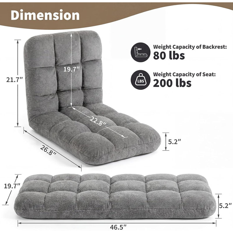 Siège de plancher pliable multi-angles, fauteuil de jeu moelleux pour lire et se détendre, L 113 po, Coton gris, Gris