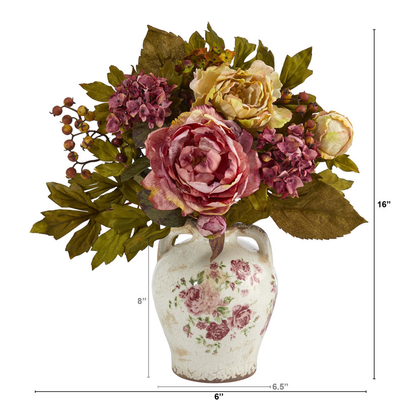 Composition artificielle de pivoine 16 po dans un pot à imprimé de fleurs