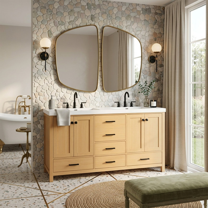 Meuble-lavabo 59,3 po avec cadre en bois massif et armoire en panneau de fibres à densité moyenne, double lavabo en résine SMC, portes et tiroirs à fermeture en douceur, 4 portes, 5 tiroirs, tablettes réglables, poignées noires