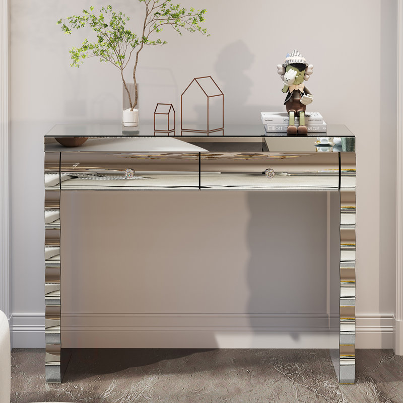 Console à miroir, coiffeuse argentée pour miroir courbé au four avec 2 tiroirs, table d'appoint décorative en miroir convenant au couloir et au salon, coiffeuse à miroir