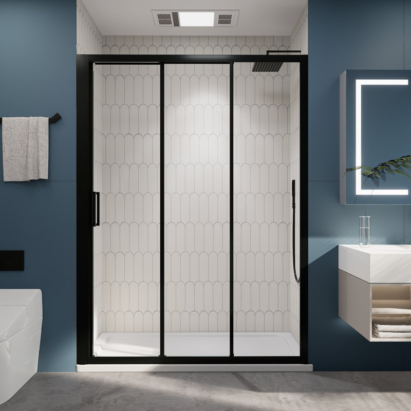 60" W x 70" H 3-Panel Sliding Framed Shower Door - SGCC Tempered Glass & Matte Black Frame, Matte Black