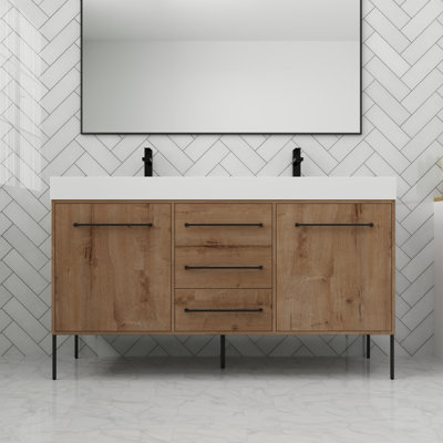 Meuble-lavabo de 60 po avec lavabo en résine, meuble-lavabo autoportant avec porte à fermeture en douceur et tiroirs