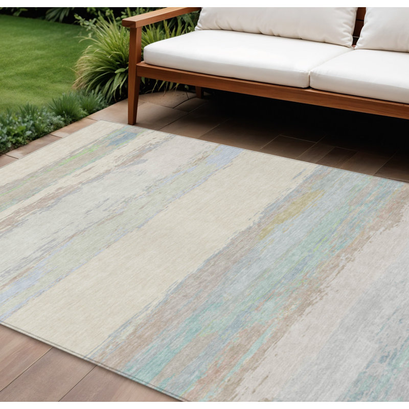 10' X 14' Ivory Abstract Washable Indoor Outdoor Area Rug