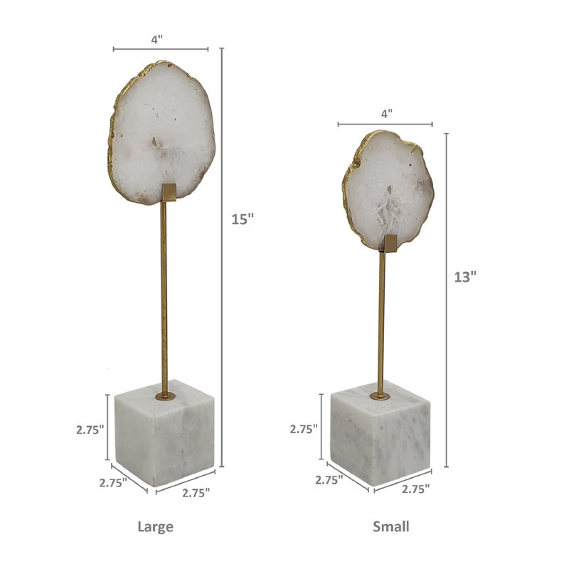S/2 White Agate Decorative Statuaries with Gold Aluminum Stand and Marble Pedestal, White/Gold