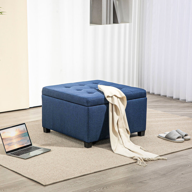 Repose-pieds de rangement capitonné en tissu avec couvercle de siège rabattable, charnière en métal et structure stable en bois d'eucalyptus pour le salon, l'entrée ou la chambre à coucher, bleu