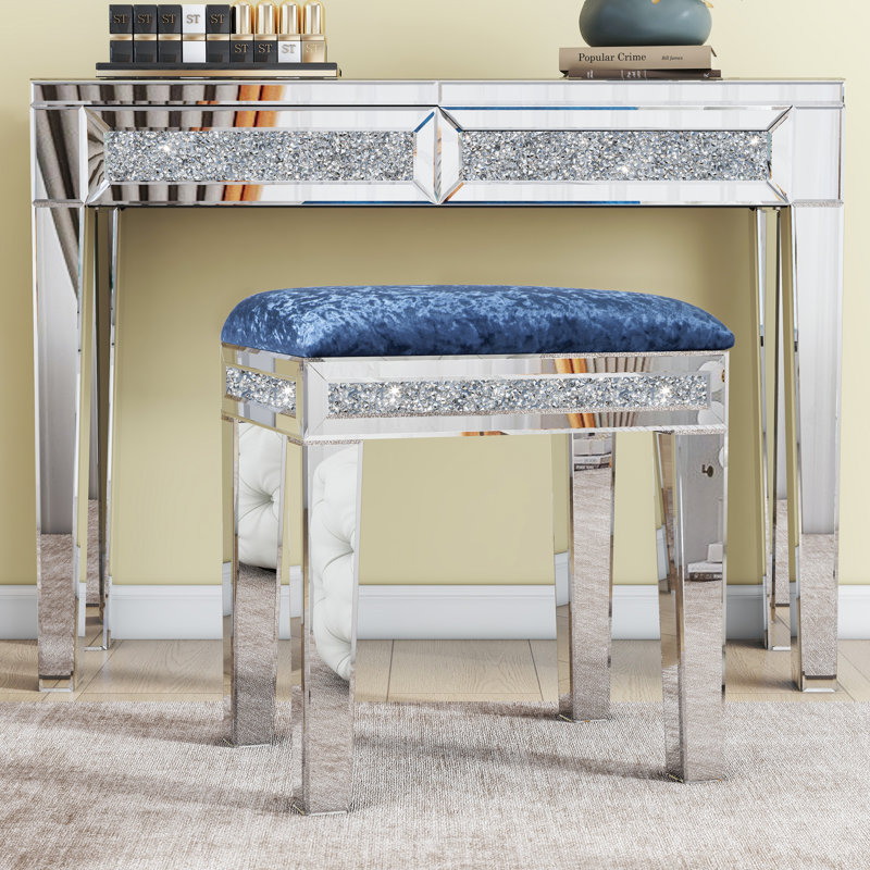 Mikayil Glass Mirrored Accent Stool Diamonds Vanity Stool, Blue