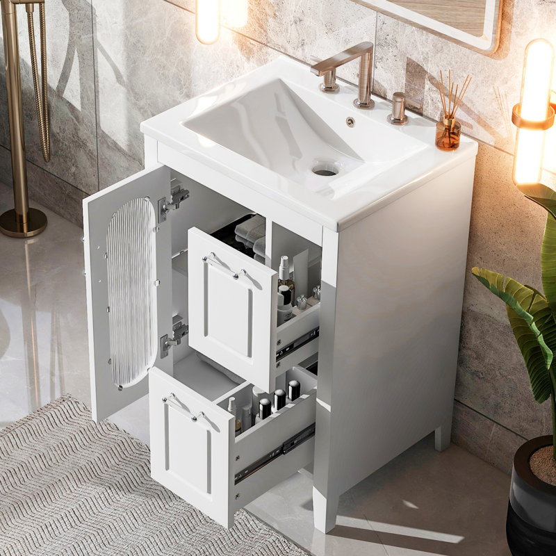 White 24" Freestanding Bathroom Vanity with Glass Door and Storage