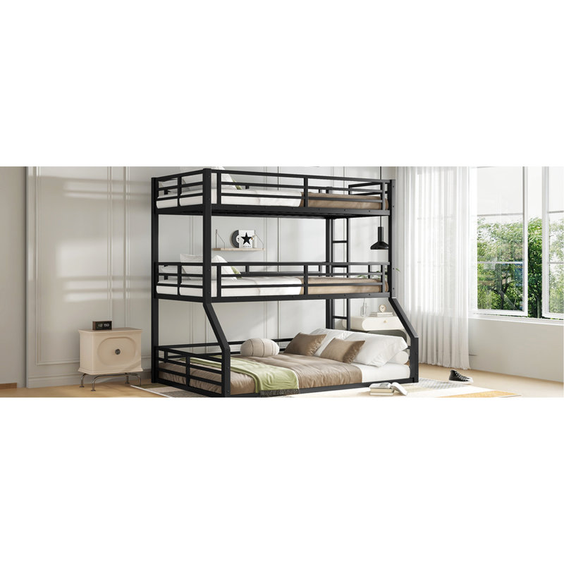Lit superposé noir complet en métal, équipé d'une structure, de barrières de sécurité de longueur et d'une fabrication silencieuse, pour les chambres d'amis dans les pavillons de chasse, lit triple noir, avec structure robuste, minimisant