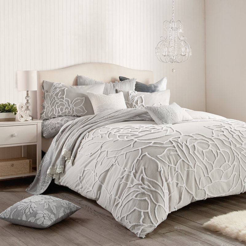 Ensemble d'édredon 3 pièces en coton gris standard Aucune pièce, Édredon pour très grand lit + 2 très grandes ta, Gris