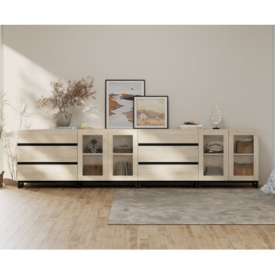 4 In 1 Modern Dresser With Glass Doors And 6 Drawers,Storage Cabinet With Adjustable Shelves, Chest Of Drawers