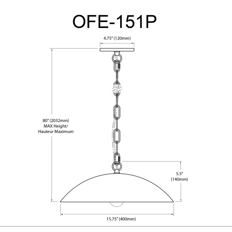 Luminaire suspendu à chaîne et à cordon 1 lumière Ofelia, Noir mat, H 80 po x l 15,75 po x P 15,75 po