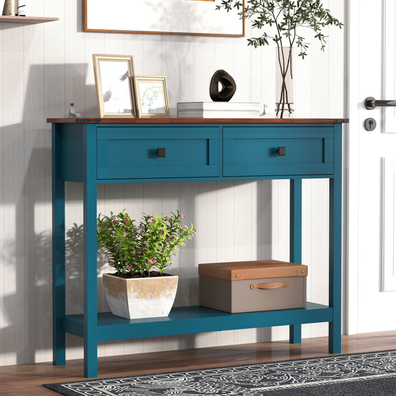 Farmhouse Style Console Table With 2 Drawer And Bottom Storage Shelf For Entryway, Pagoda Blue