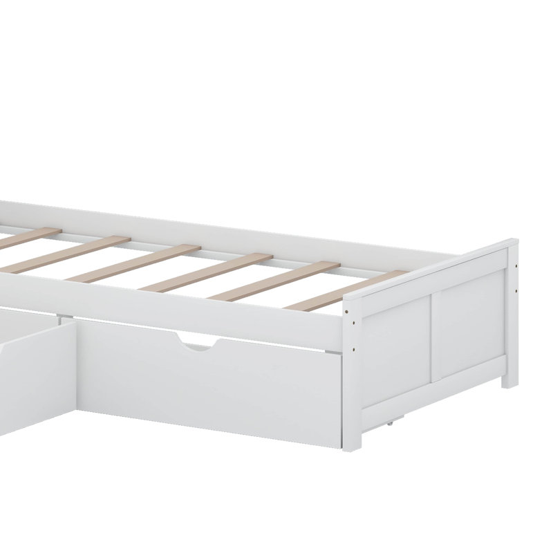 Lit plateforme simple en L avec lit gigogne, bureau et tiroirs, Blanc