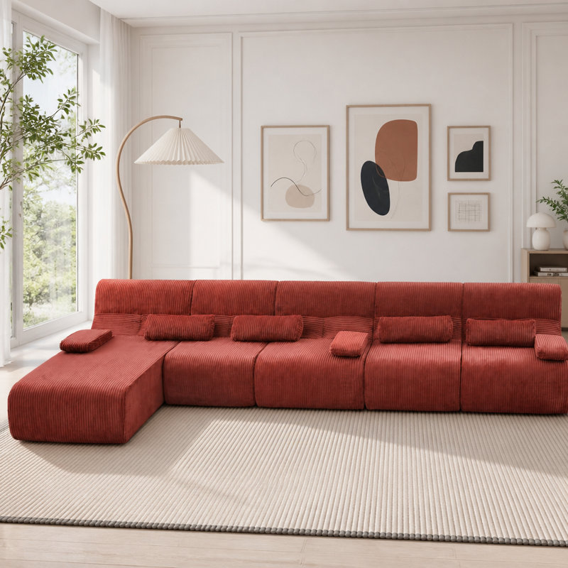 Canapé modulaire moderne en velours côtelé Canapé sans os, Red+L-shaped+5 Seat