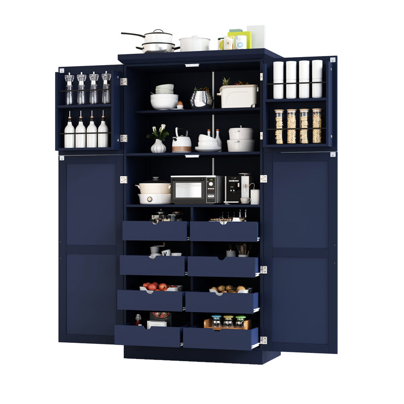 Garde-manger autoportant de style Shaker bleu avec 4 longues poignées, une tablette réglable à 3 niveaux et 8 plateaux coulissants pour les ustensiles de cuisine de 17,6 pouces de profondeur. Portes, plateaux, 2 trousses de basculement