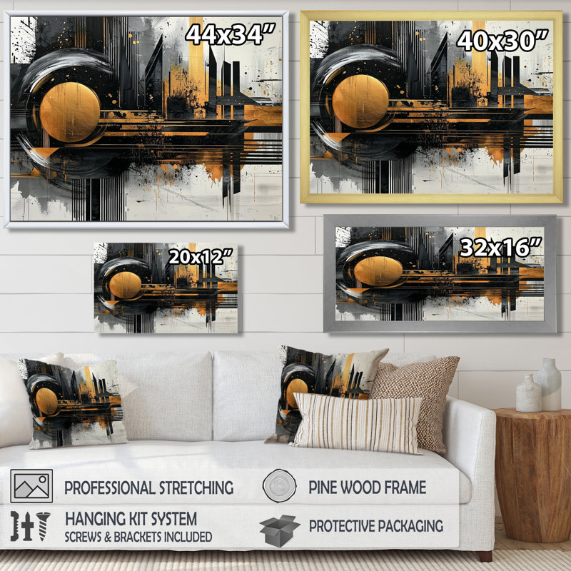 «Dark Transition Golden Shifting Horizons I», art abstrait transitionnel de formes modernes, Impression encadrée flottante
