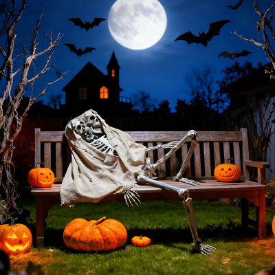 Annekristin Squelette articulé grandeur nature de 1,65 m (5,4 pi) avec deux têtes, décor réaliste en os entier pour l'Halloween, accessoires de maison hantée et de jardin